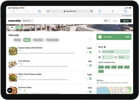 La página de perfil de tu restaurante en el marketplace de Reservble, con tu menú, fotos y datos, lista para compartir en redes sociales.