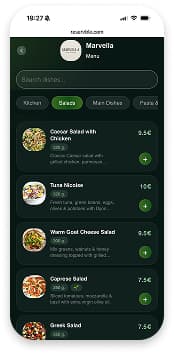 Una app web de menú QR independiente que se abre en cuanto los clientes escanean el código en la mesa, totalmente personalizada con la imagen de tu local.
